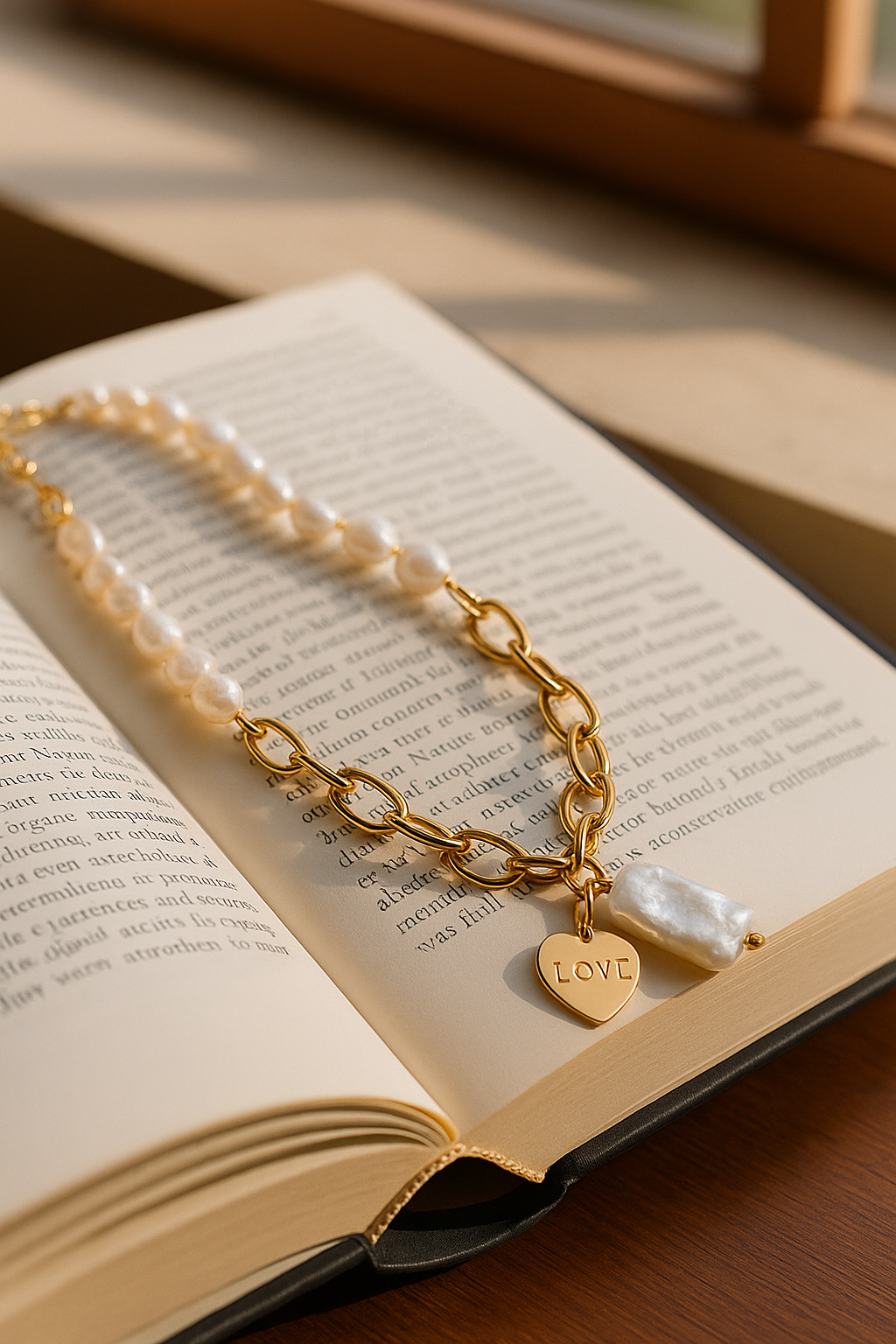 Love Pearl & Gold Link Necklace | قلادة اللؤلؤ والحلقات الذهبية
